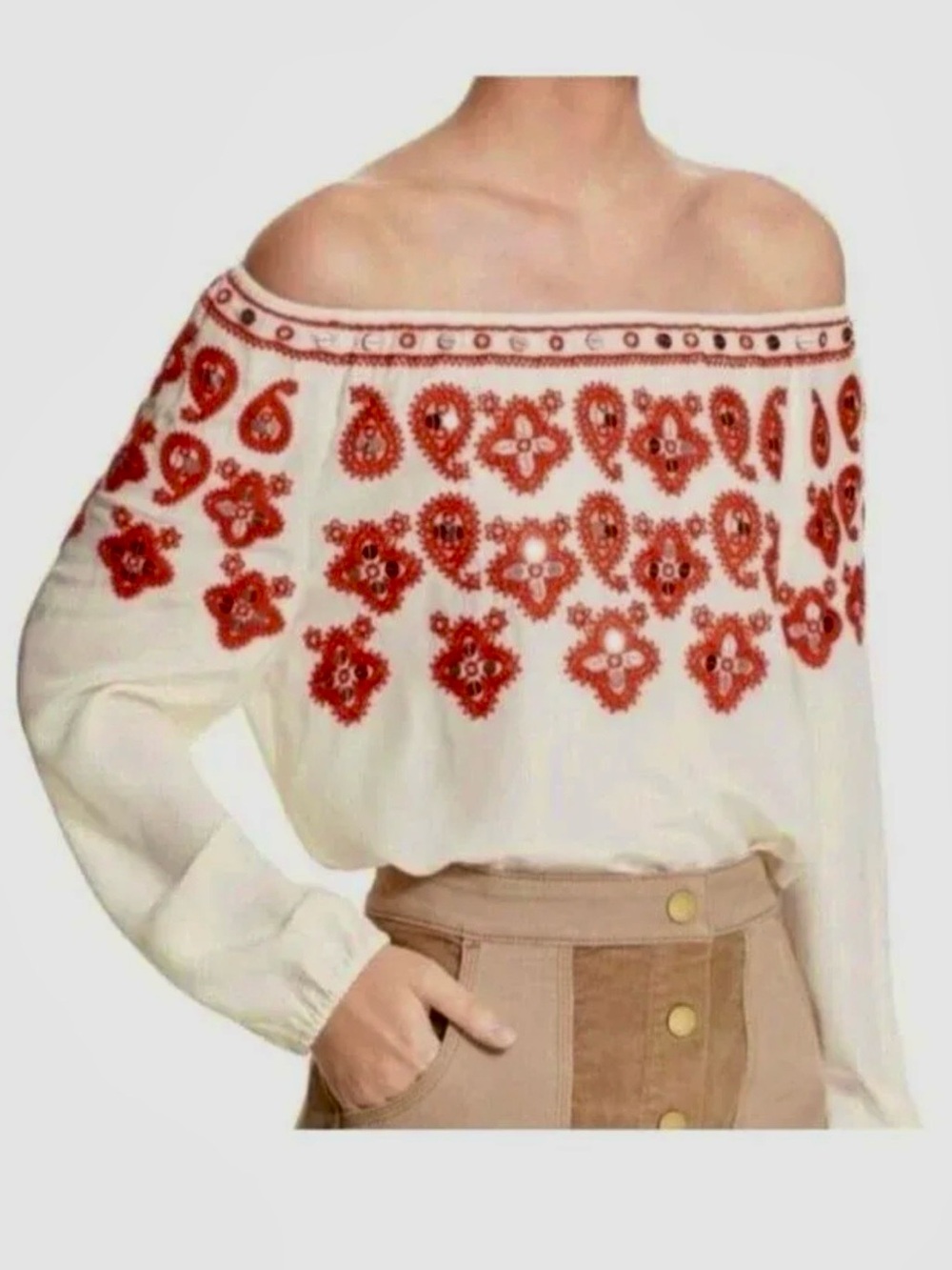 Tory Burch 100% Silk Off-Shoulder Cream Blouse  Red-Orange Embroidered Sequin 12